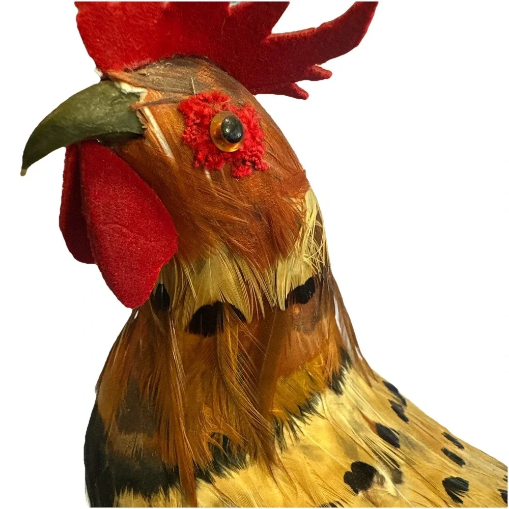 Realistic Rooster Figure Real Feathers Farmhouse Chicken Decor Country